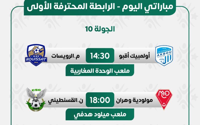 مباراتا الجولة 10 في الرابطة المحترفة الأولى: أقبو يستقبل الرويسات ووهران يستضيف القسنطيني