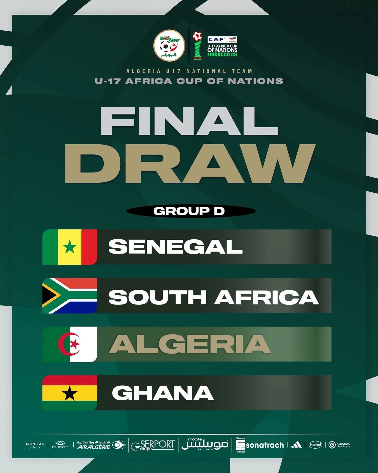 مجموعة منافسي الجزائر في كأس أمم إفريقيا تحت 17 سنة (المغرب 2026) 3 17358