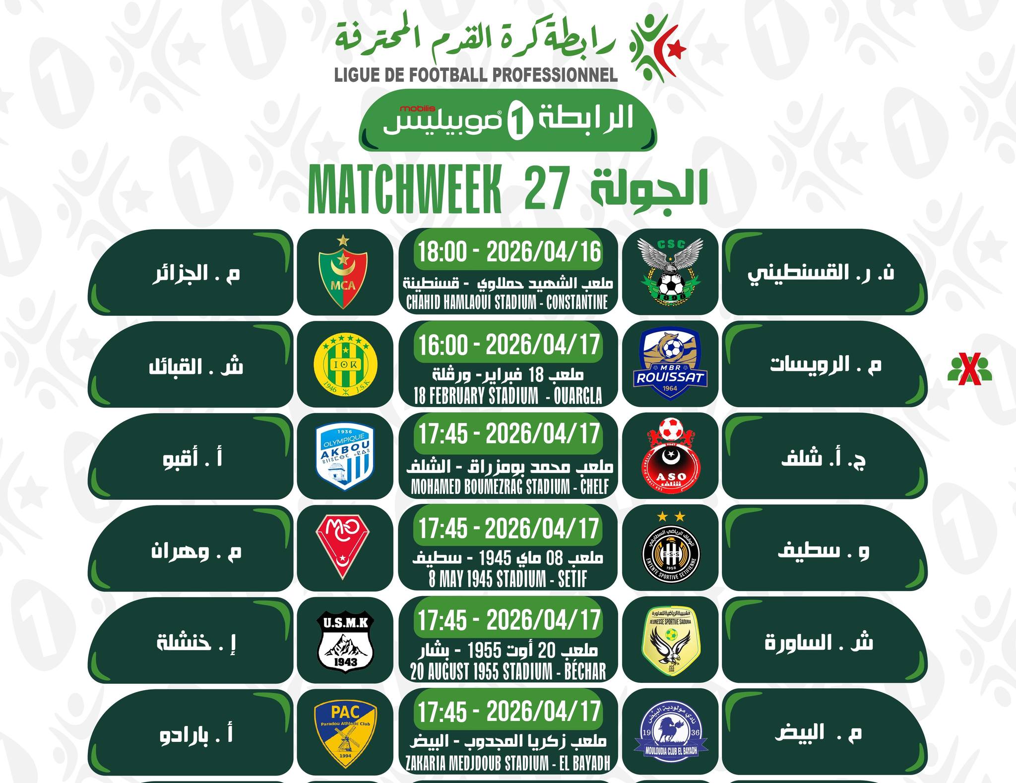 مباريات الجولة (27) من الرابطة المحترفة الأولى 2026 3 مباريات الجولة السابعة والعشرين (27) من الرابطة المحترفة الأولى