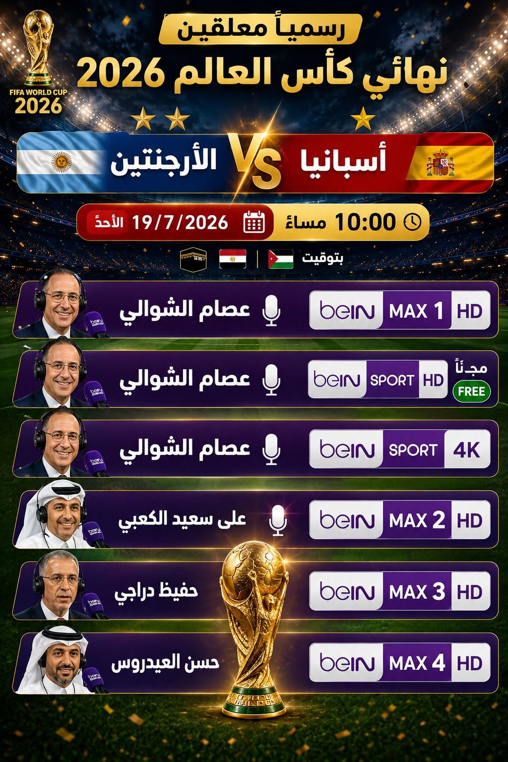 تعرف على معلقي نهائي كأس العالم 2026 بين الأرجنتين وإسبانيا عبر قنوات beIN SPORTS 3 تعرف على معلقي نهائي كأس العالم 2026 بين الأرجنتين وإسبانيا عبر قنوات beIN SPORTS