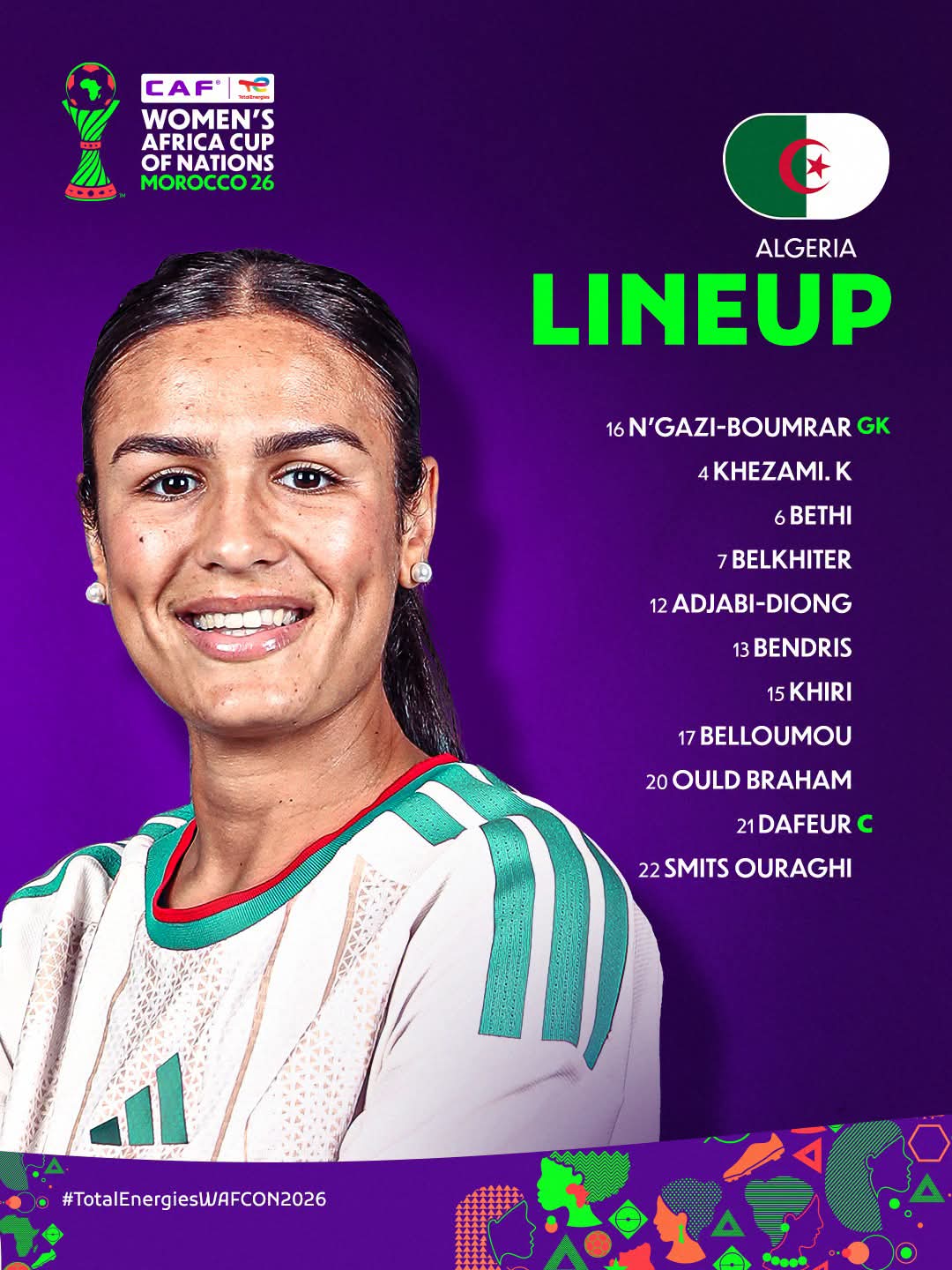 التشكيلة الأساسية للمنتخب الجزائري للسيدات أمام مالاوي (كأس أمم إفريقيا 2026) 3 تشكيلة المنتخب الوطني الجزائري للسيدات في مباراة نظيره ملاوي