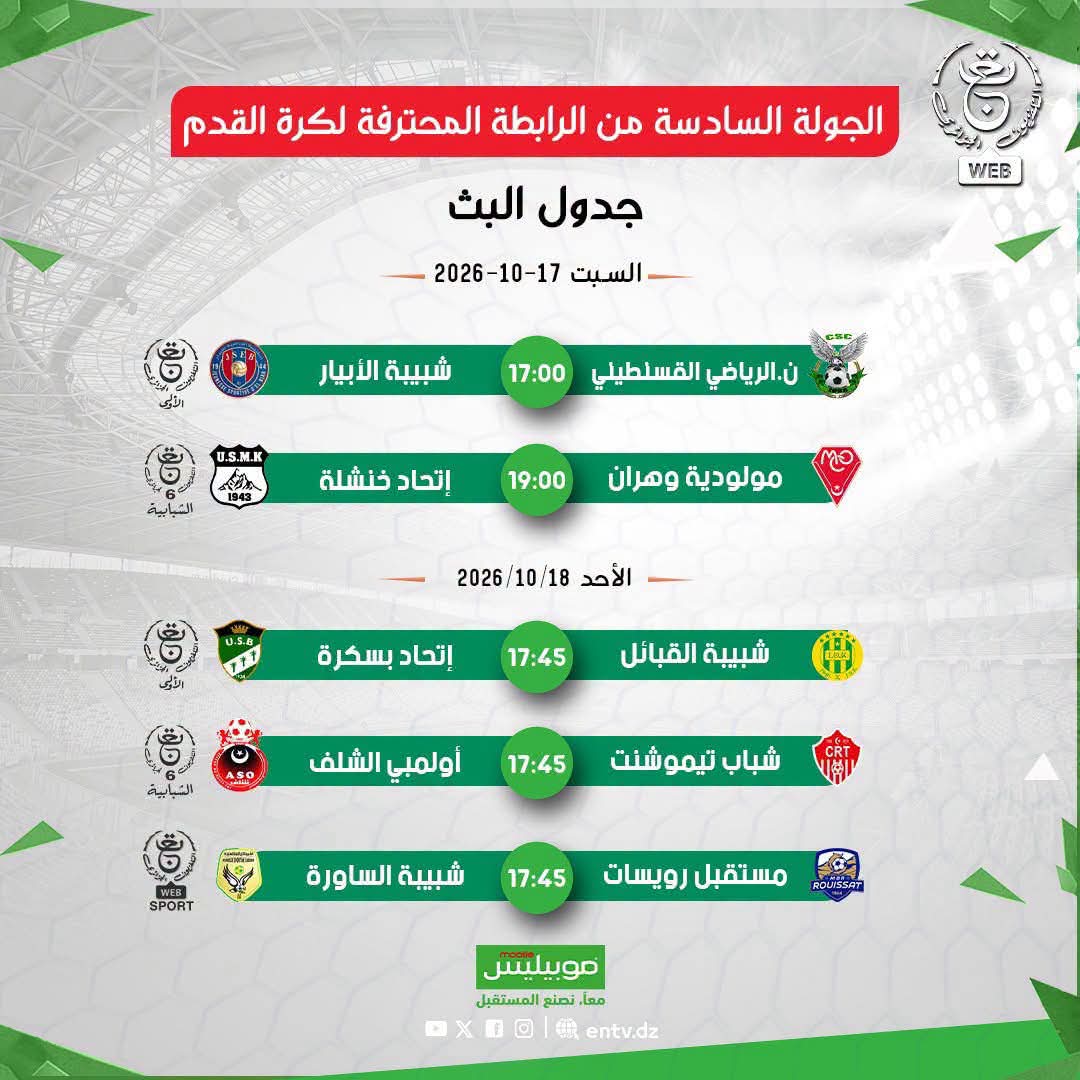 القنوات الناقلة مباريات الجولة 6 من الرابطة المحترفة الأولى 3 جدول مباريات الجولة 6 من الرابطة المحترفة الأولى